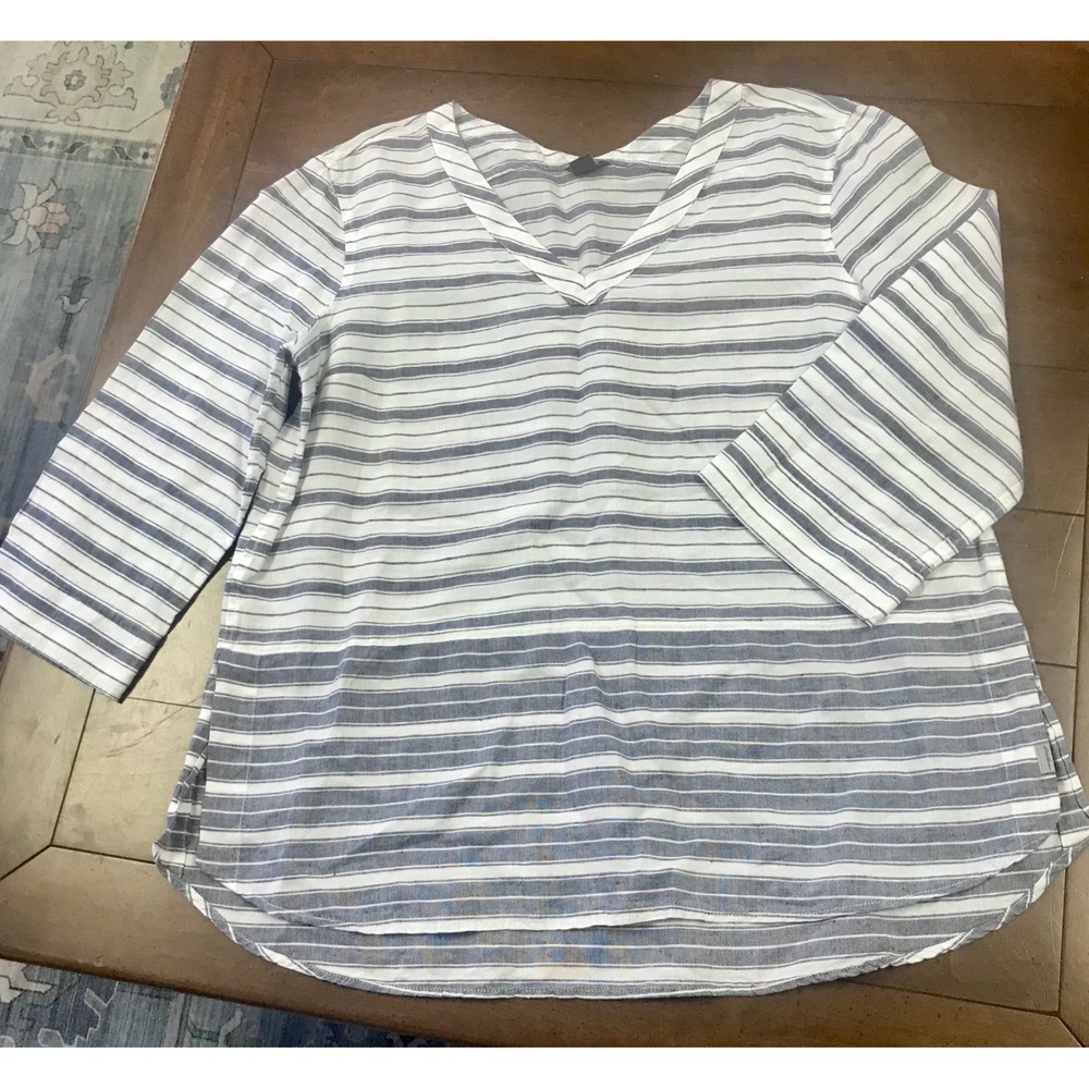 Eddie‎ Bauer Women Striped V Neck 3/4 Sleeve Linen Blend Top XL